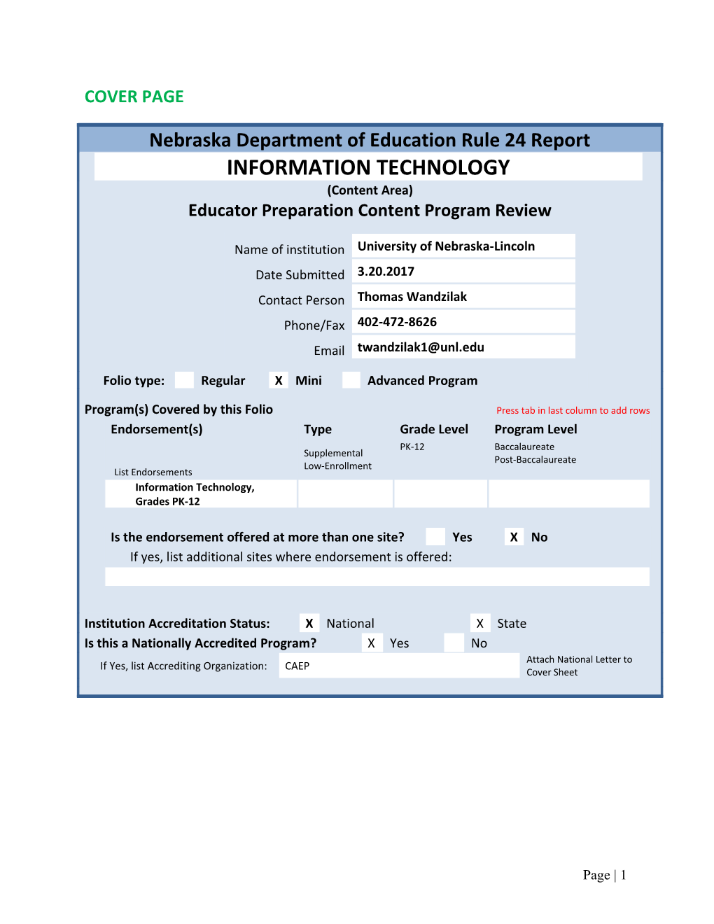 Report to the Nebraska Department of Education