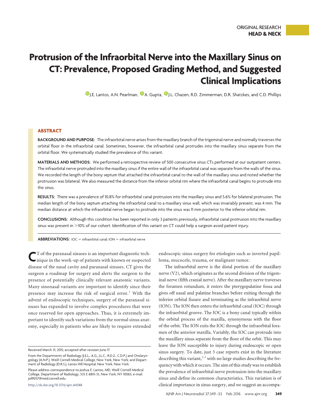 Protrusion of the Infraorbital Nerve Into the Maxillary Sinus on CT: Prevalence, Proposed Grading Method, and Suggested Clinical Implications