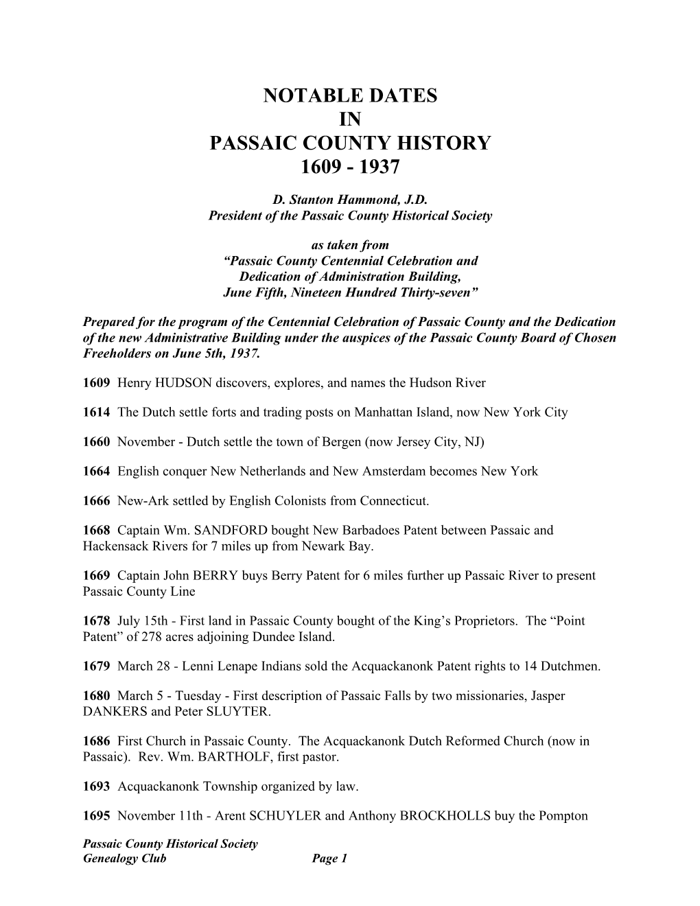 Notable Dates in Passaic County History 1609 - 1937