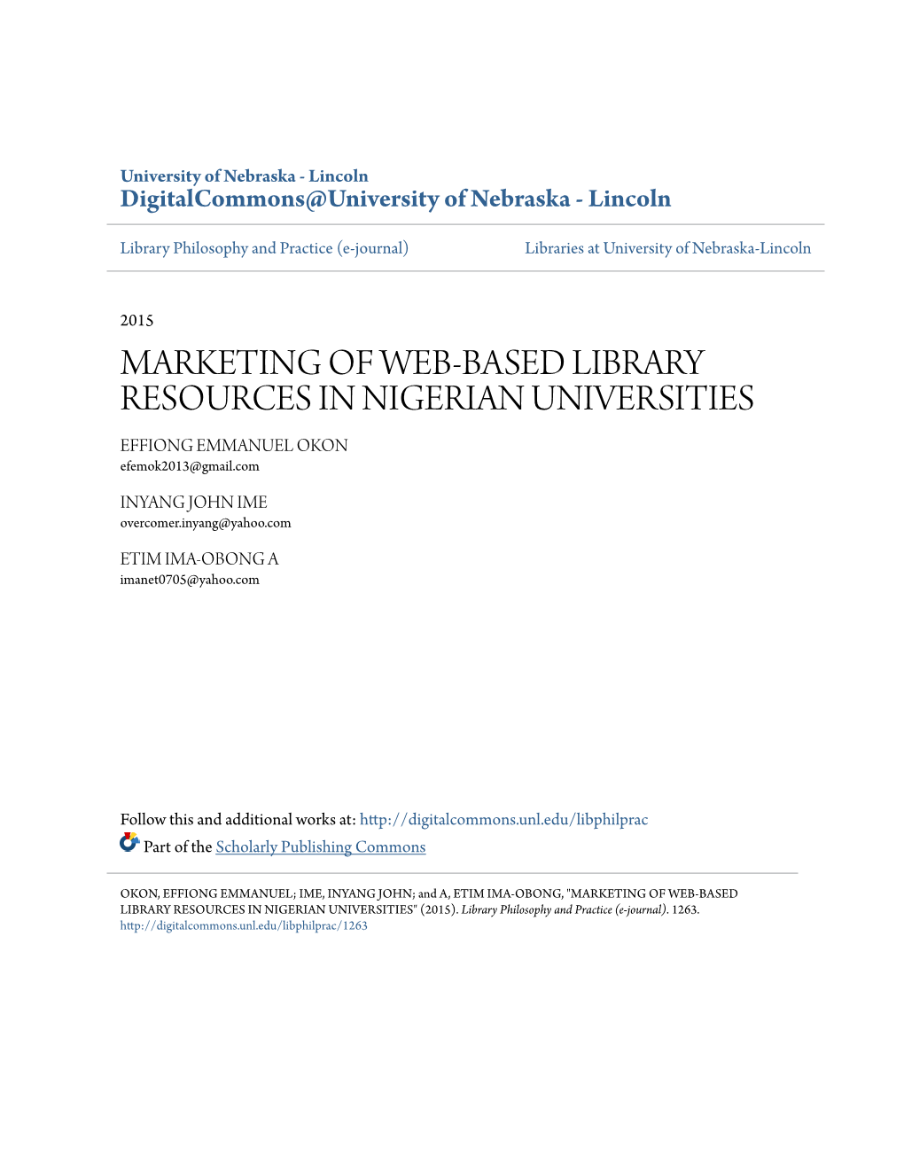 MARKETING of WEB-BASED LIBRARY RESOURCES in NIGERIAN UNIVERSITIES EFFIONG EMMANUEL OKON Efemok2013@Gmail.Com