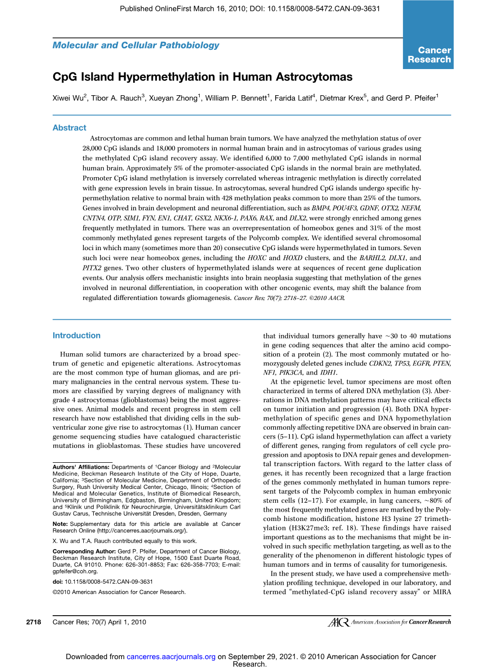 Cpg Island Hypermethylation in Human Astrocytomas