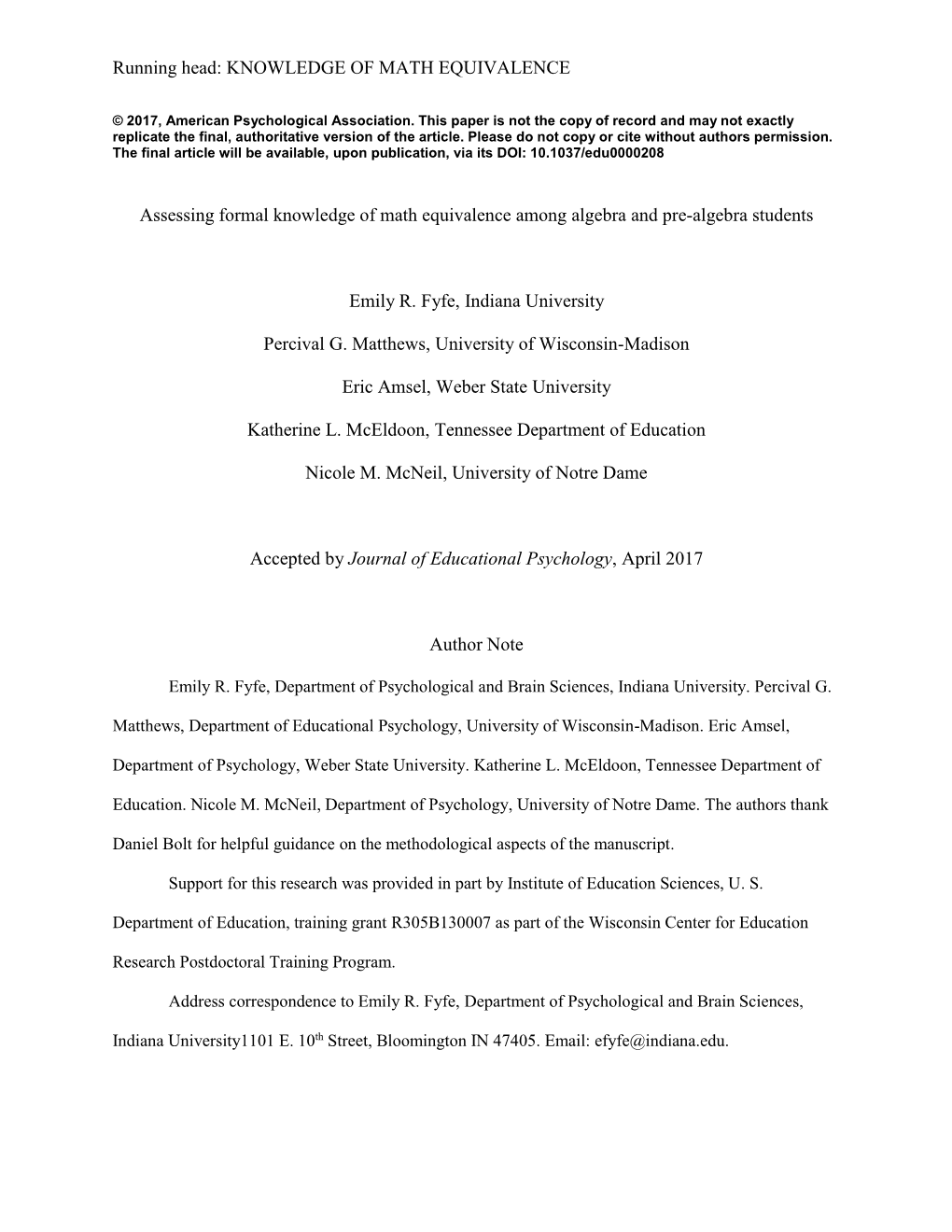 KNOWLEDGE of MATH EQUIVALENCE Assessing Formal