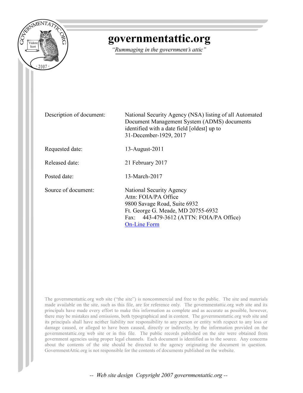 National Security Agency (NSA) Listing of All Automated Document