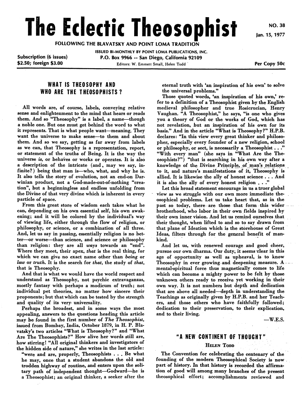 Eclectic Theosophist N38 Jan 15 1977