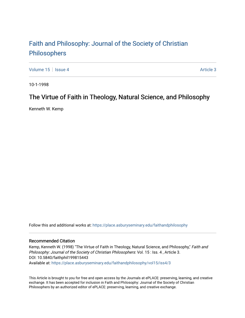 The Virtue of Faith in Theology, Natural Science, and Philosophy