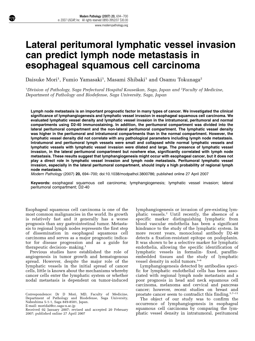 Lateral Peritumoral Lymphatic Vessel Invasion Can Predict Lymph Node Metastasis in Esophageal Squamous Cell Carcinoma