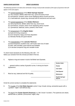 Sample Exam Questions Group 3 (Gundogs)