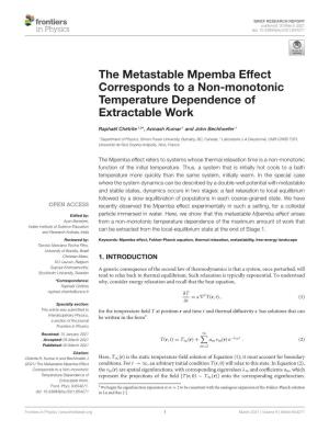 The Metastable Mpemba Effect Corresponds to a Non-Monotonic Temperature Dependence of Extractable Work