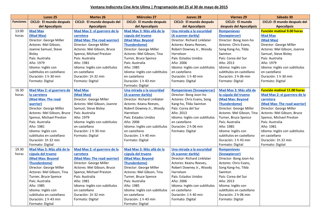 Ventana Indiscreta Cine Arte Ulima | Programación Del 25 Al 30 De Mayo De 2015