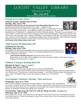 June 2019 Proud Member of the Nassau Library System Friends Art Lecture Series