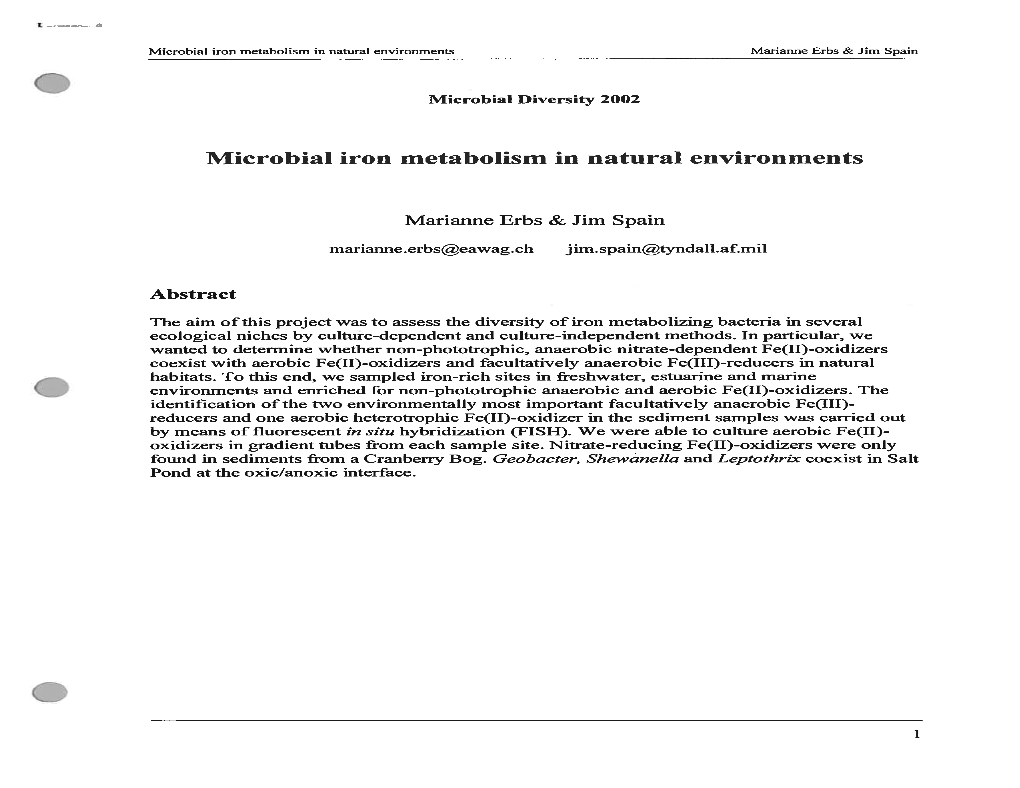 Microbial Iron Metabolism in Natural Environments Marianne Erbs & Jim Spain