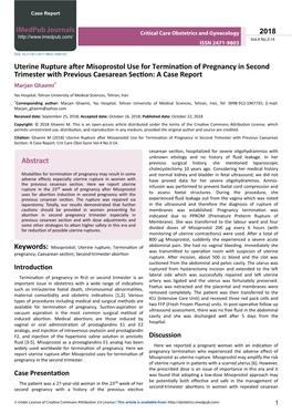 Uterine Rupture After Misoprostol Use for Termination of Pregnancy in Second Trimester with Previous Caesarean Section: a Case Report Marjan Ghaemi*