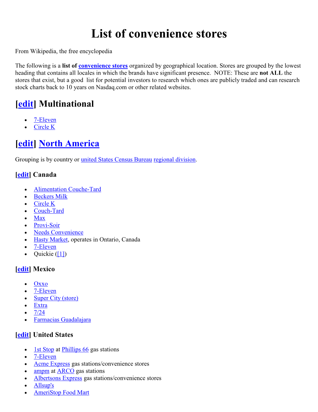 Wikipedia List of Convenience Stores