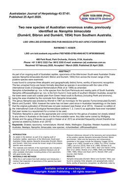 Two New Species of Australian Venomous Snake, Previously Identified As Narophis Bimaculata (Duméril, Bibron and Duméril, 1854) from Southern Australia