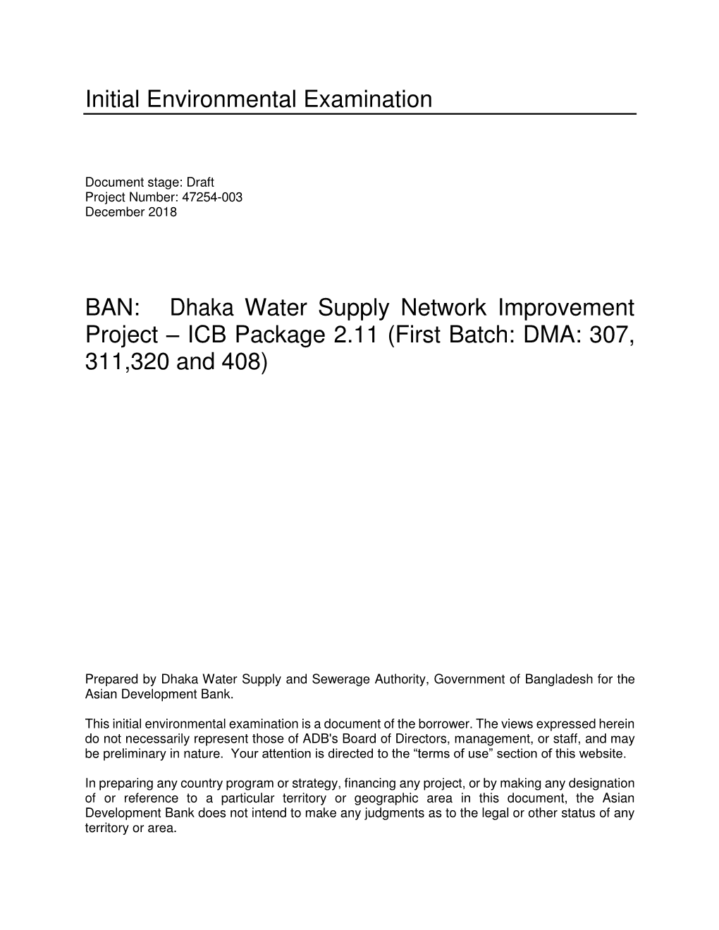 Dhaka Water Supply Network Improvement Project – ICB Package 2.11 (First Batch: DMA: 307, 311,320 and 408)