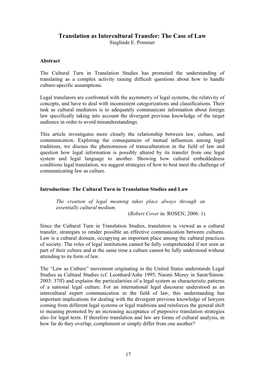 Translation As Intercultural Transfer: the Case of Law Sieglinde E