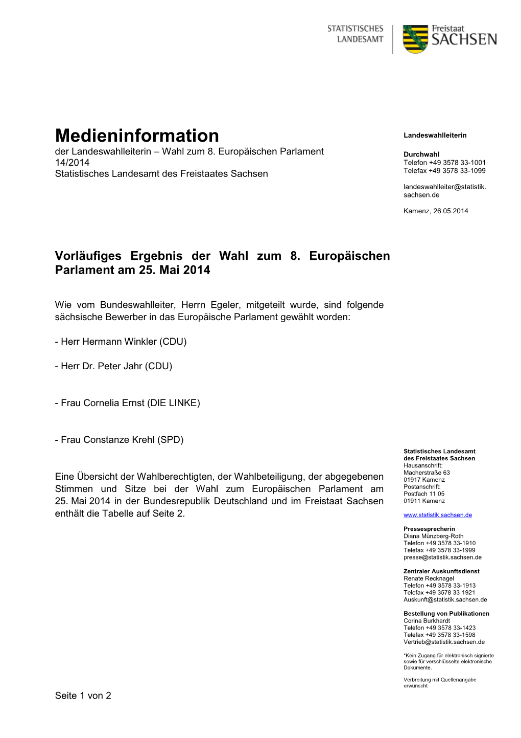 Medieninformation Der Landeswahlleiterin – Wahl Zum 8