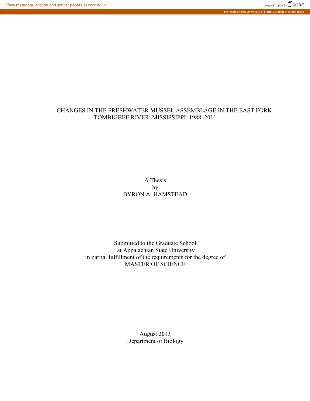 Changes in the Freshwater Mussel Assemblage in the East Fork Tombigbee River, Mississippi: 1988–2011