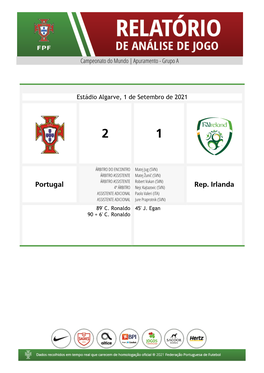 Portugal Rep. Irlanda Cartões Subs Golos Min Jogadores Min Golos Subs Cartões