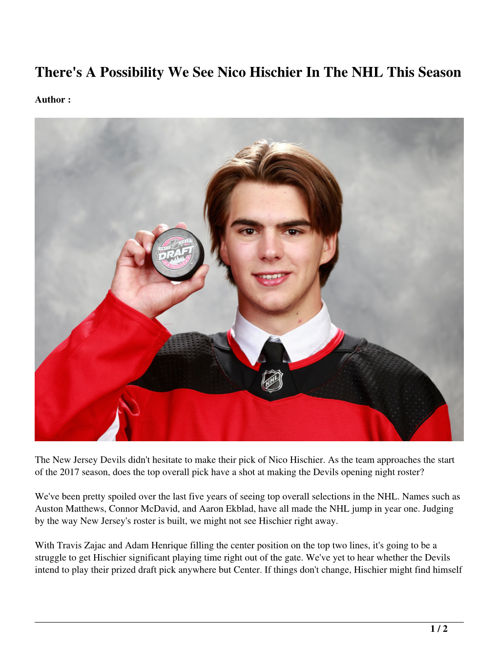 S a Possibility We See Nico Hischier in the NHL This Season