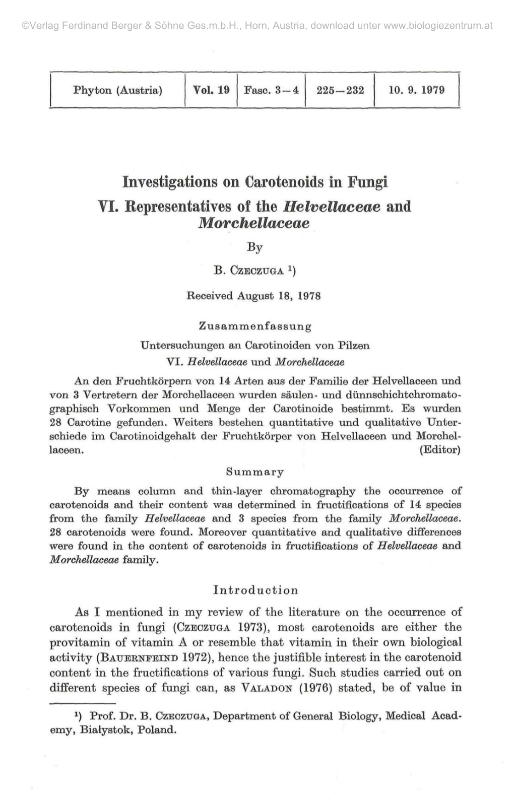 Investigations on Carotenoids in Fungi VI. Representatives of the Helvellaceae and Morchellaceae by B