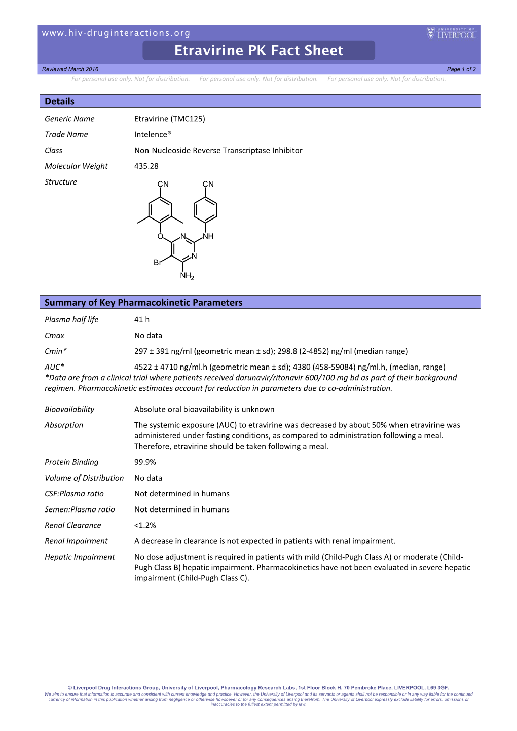 Etravirine PK Fact Sheet Reviewed March 2016 Page 1 of 2 for Personal Use Only