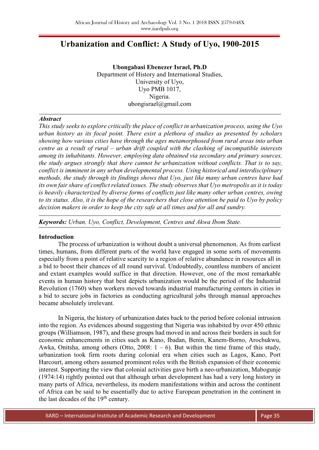 Urbanization and Conflict: a Study of Uyo, 1900-2015