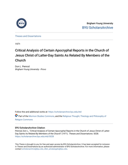 Critical Analysis of Certain Apocryphal Reports in the Church of Jesus Christ of Latter-Day Saints As Related by Members of the Church