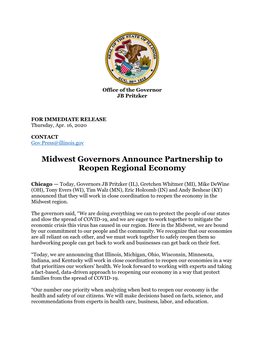 Midwest Governors Announce Partnership to Reopen Regional Economy