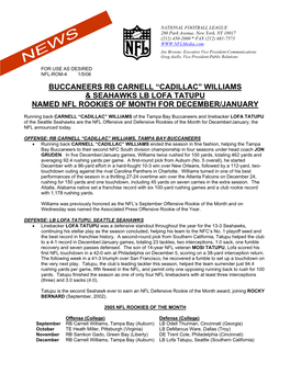 Williams & Seahawks Lb Lofa Tatupu Named Nfl Rookies