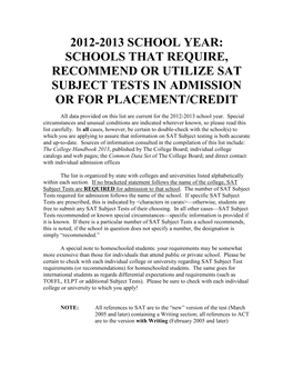 Schools That Require, Recommend Or Utilize Sat Subject Tests in Admission Or for Placement/Credit