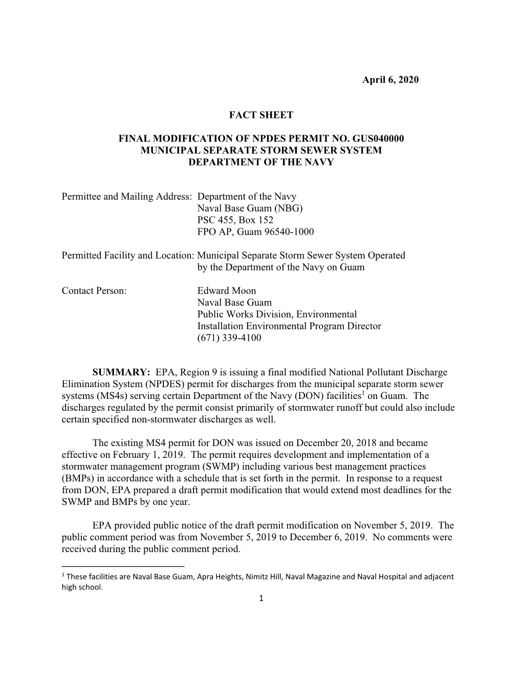 NPDES Permit Fact Sheet: Department of the Navy, Naval