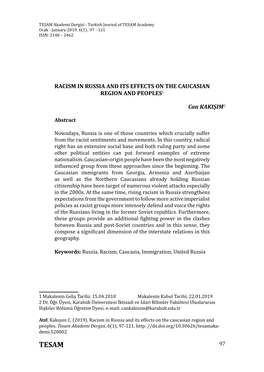 Racism in Russia and Its Effects on the Caucasian TESAM Akademi Dergisi - Turkish Journalregion of TESAM and Academy Peoples Ocak - January 2019