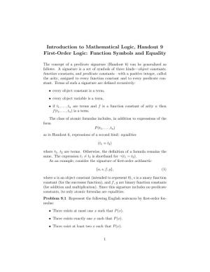Introduction to Mathematical Logic, Handout 9 First-Order Logic: Function Symbols and Equality