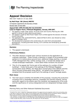 Appeal Decision Site Visit1 Made on 15 July 2020 by Neil Pope BA (Hons) MRTPI an Inspector Appointed by the Secretary of State Decision Date: 23 July 2020