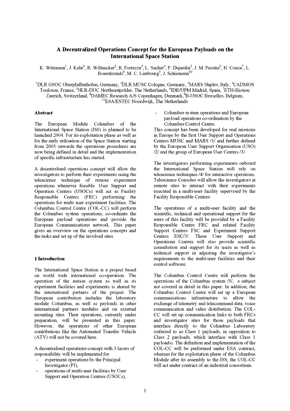 A Decentralized Operations Concept for the European Payloads on the International Space Station