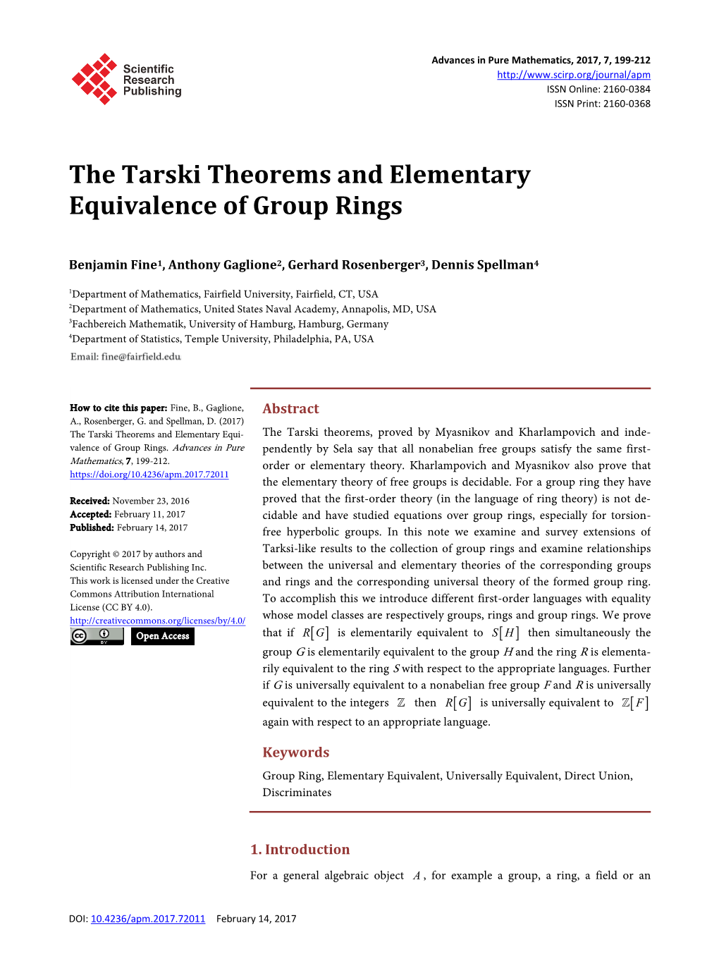 The Tarski Theorems and Elementary Equivalence of Group Rings