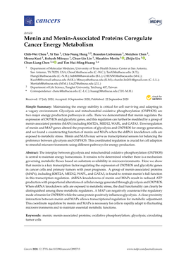 Menin and Menin-Associated Proteins Coregulate Cancer Energy Metabolism