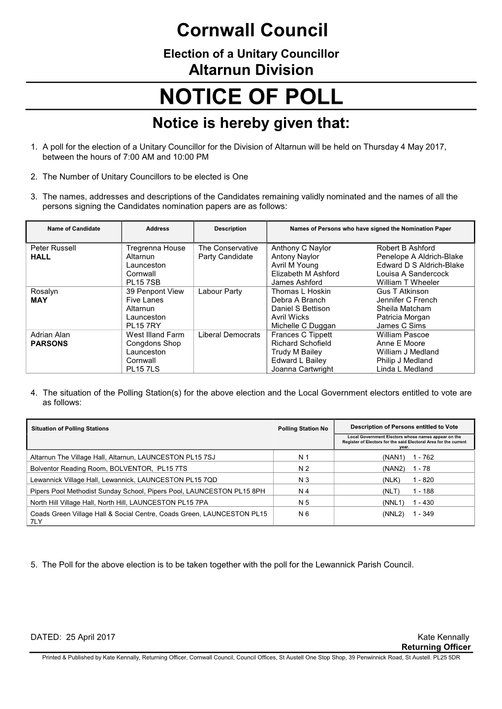 NOTICE of POLL Notice Is Hereby Given That