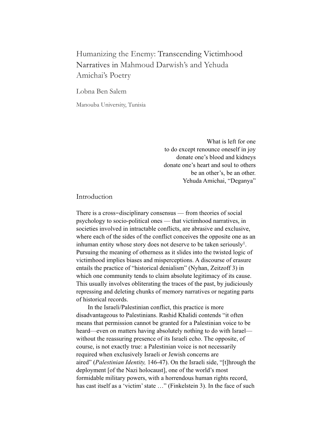 Humanizing the Enemy: Transcending Victimhood Narratives in Mahmoud Darwish’S and Yehuda Amichai’S Poetry