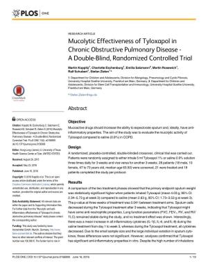 Mucolytic Effectiveness of Tyloxapol in Chronic Obstructive Pulmonary Disease - a Double-Blind, Randomized Controlled Trial