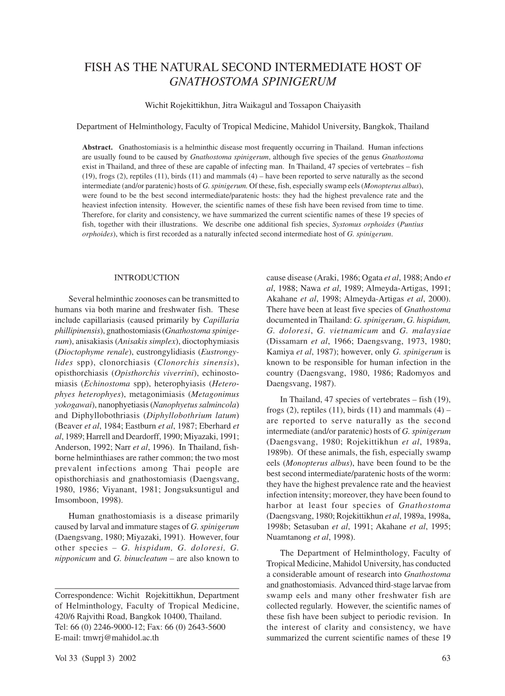 Fish As the Natural Second Intermediate Host of Gnathostoma Spinigerum