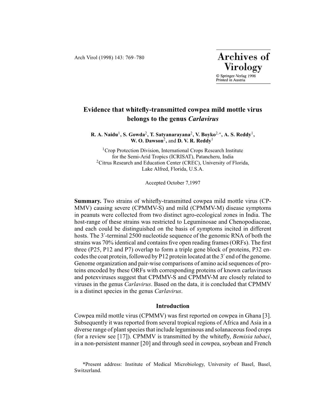 Evidence That Whitefly-Transmitted Cowpea Mild Mottle Virus Belongs To