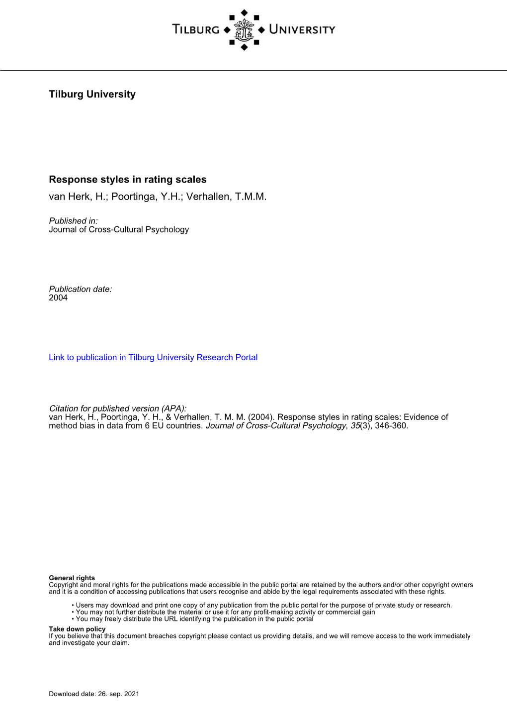 Tilburg University Response Styles in Rating Scales Van Herk, H