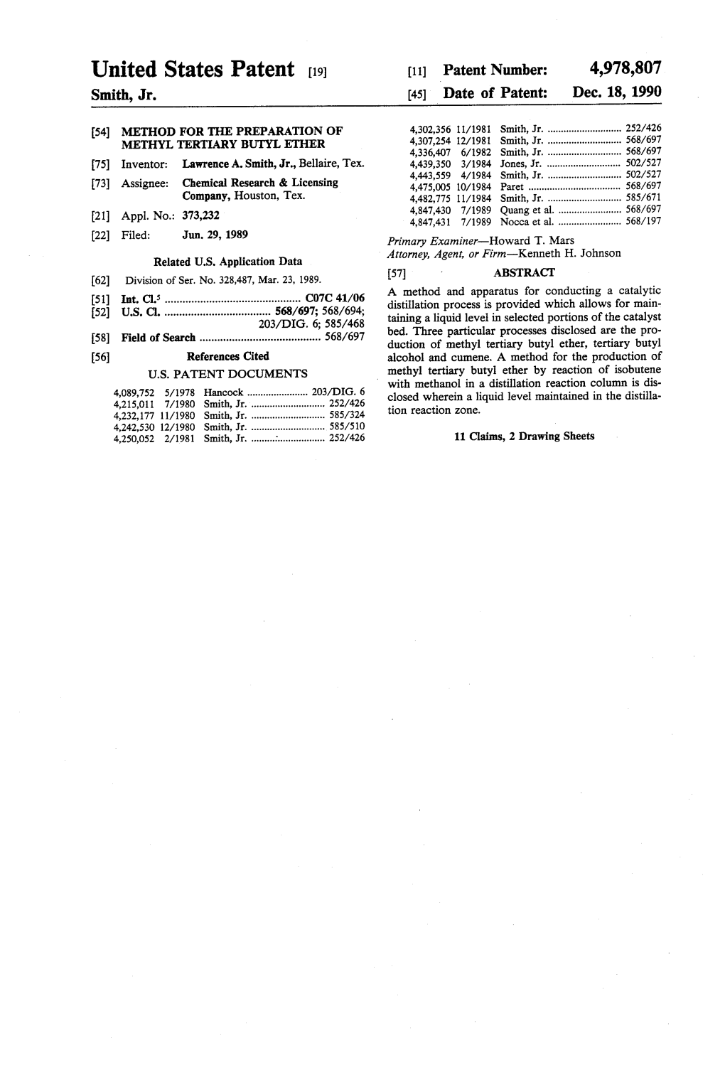 United States Patent (19) [11] Patent Number: 4,978,807 Smith, Jr