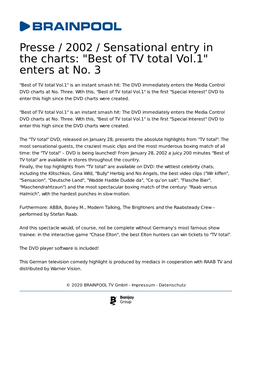 Presse / 2002 / Sensational Entry in the Charts: "Best of TV Total Vol.1" Enters at No