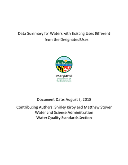 Data Summary for Waters with Existing Uses Different from the Designated Uses