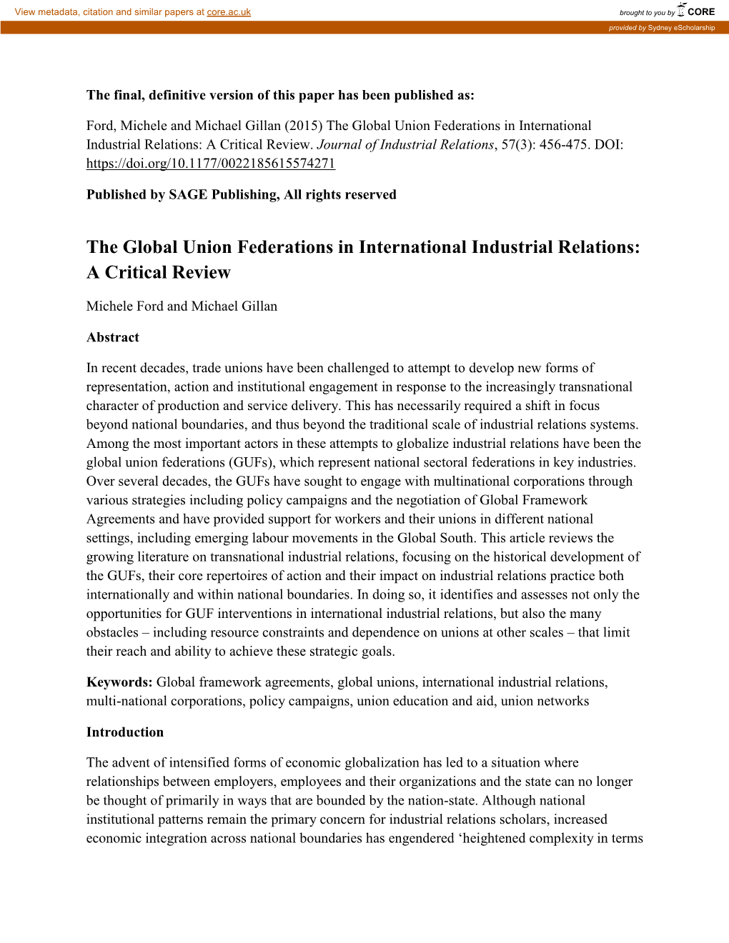The Global Union Federations in International Industrial Relations: a Critical Review