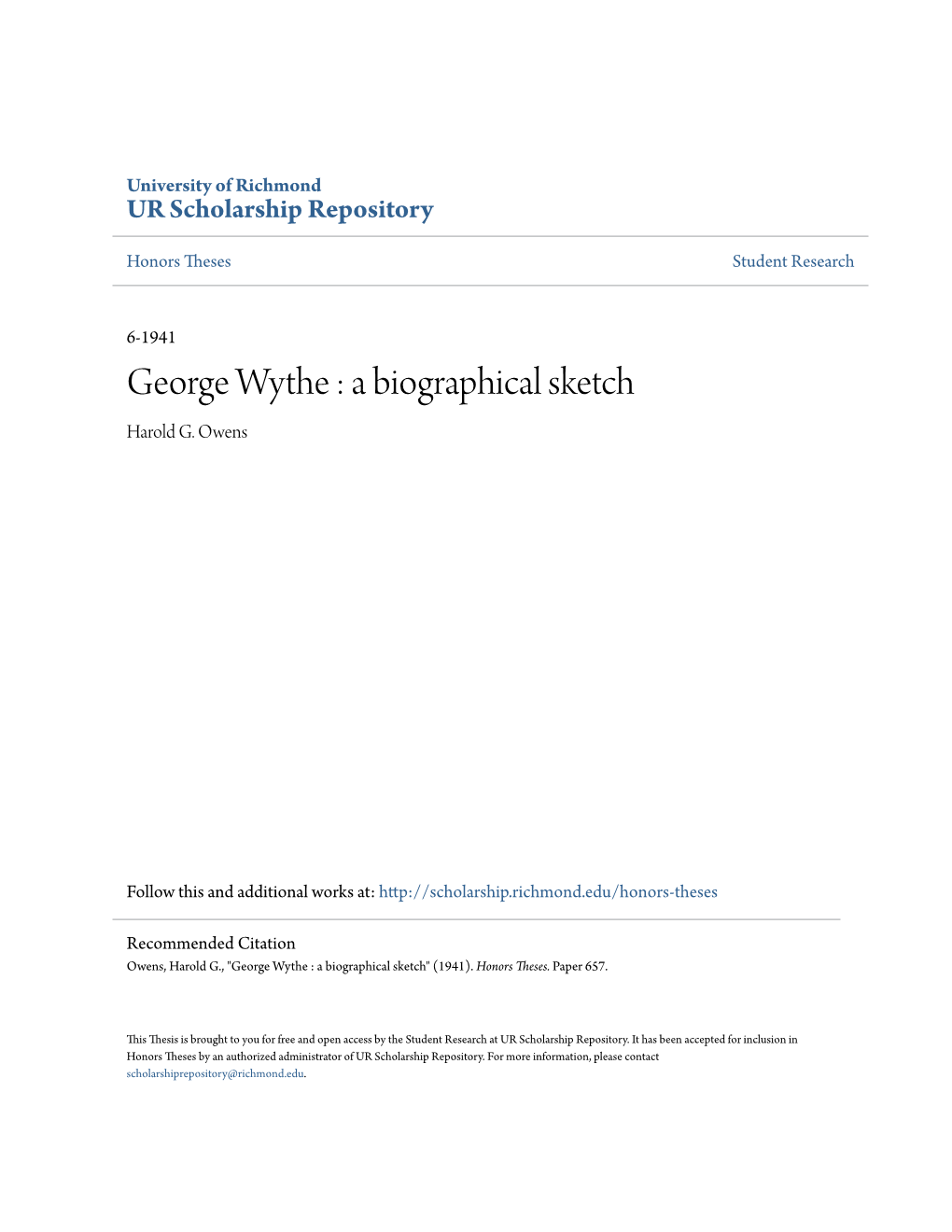 George Wythe : a Biographical Sketch Harold G