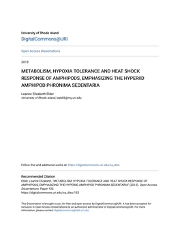 Metabolism, Hypoxia Tolerance and Heat Shock Response of Amphipods, Emphasizing the Hyperiid Amphipod Phronima Sedentaria